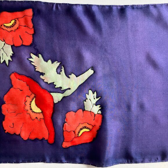 VTG 80s Silk Hand Painted Scarf Purple with Bright Flowers at Both Ends 53 X 11 - Picture 3 of 12